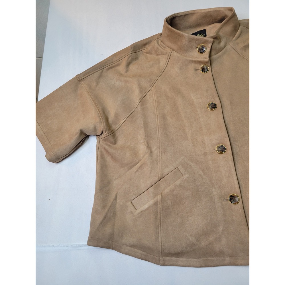 Bob Mackie Wearable Art Faux Suede Jacket Camel Tan Mock Neck Button Front 3X